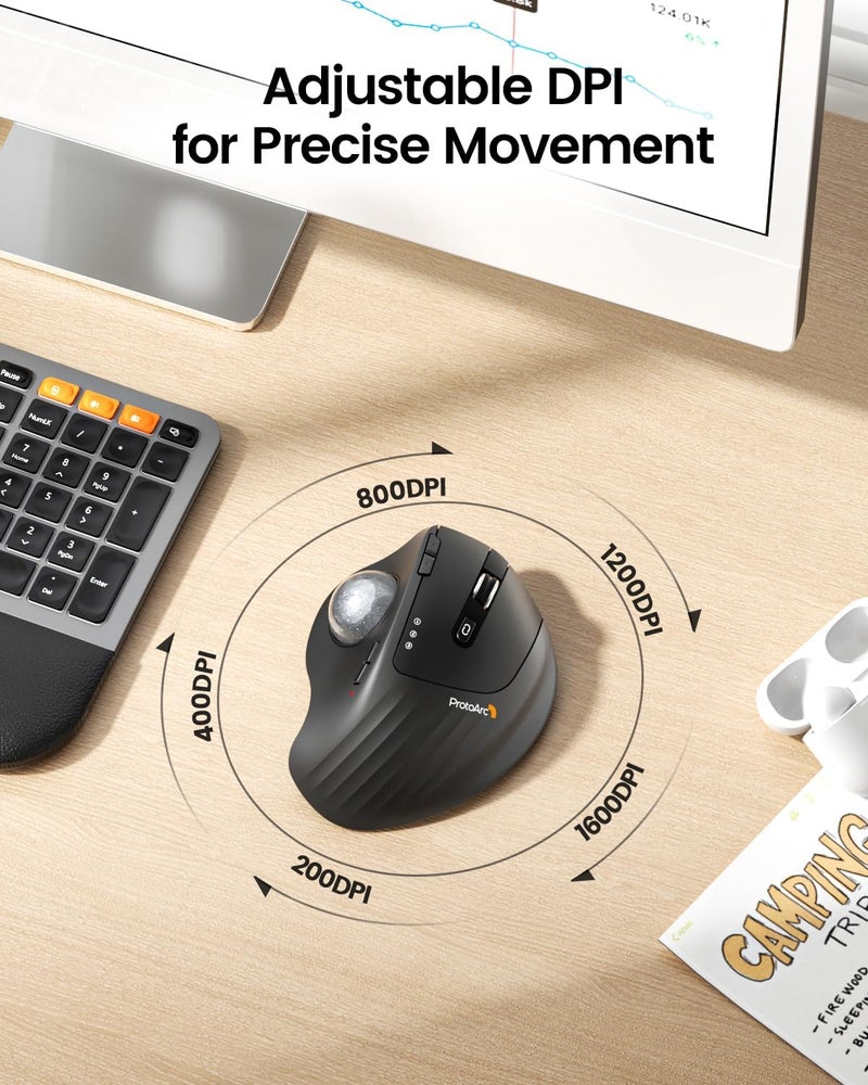 ProtoArc Wireless Trackball Mouse, EM01 NL Ergonomic Bluetooth Rollerball Thumb Rechargeable Computer Laptop Mouse, Adjustable Angle & 3 Device Connection for PC, Mac, Windows-Silver Ball - Image 5